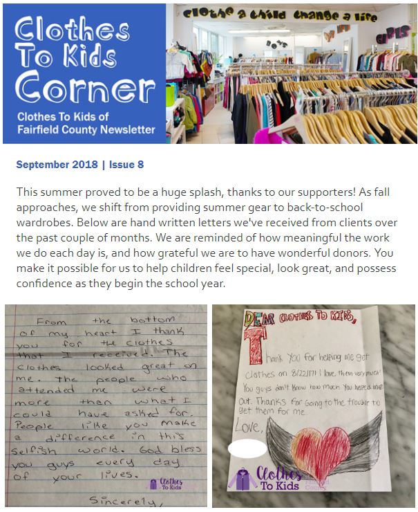 Click to read more! Newsletter of Clothes To Kids of Fairfield County Serving Children in Need